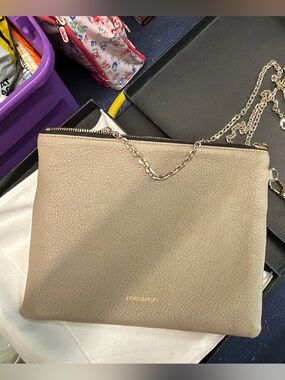 Doris and Jacky Beige Leather Crossbody Clutch with Gold Chain